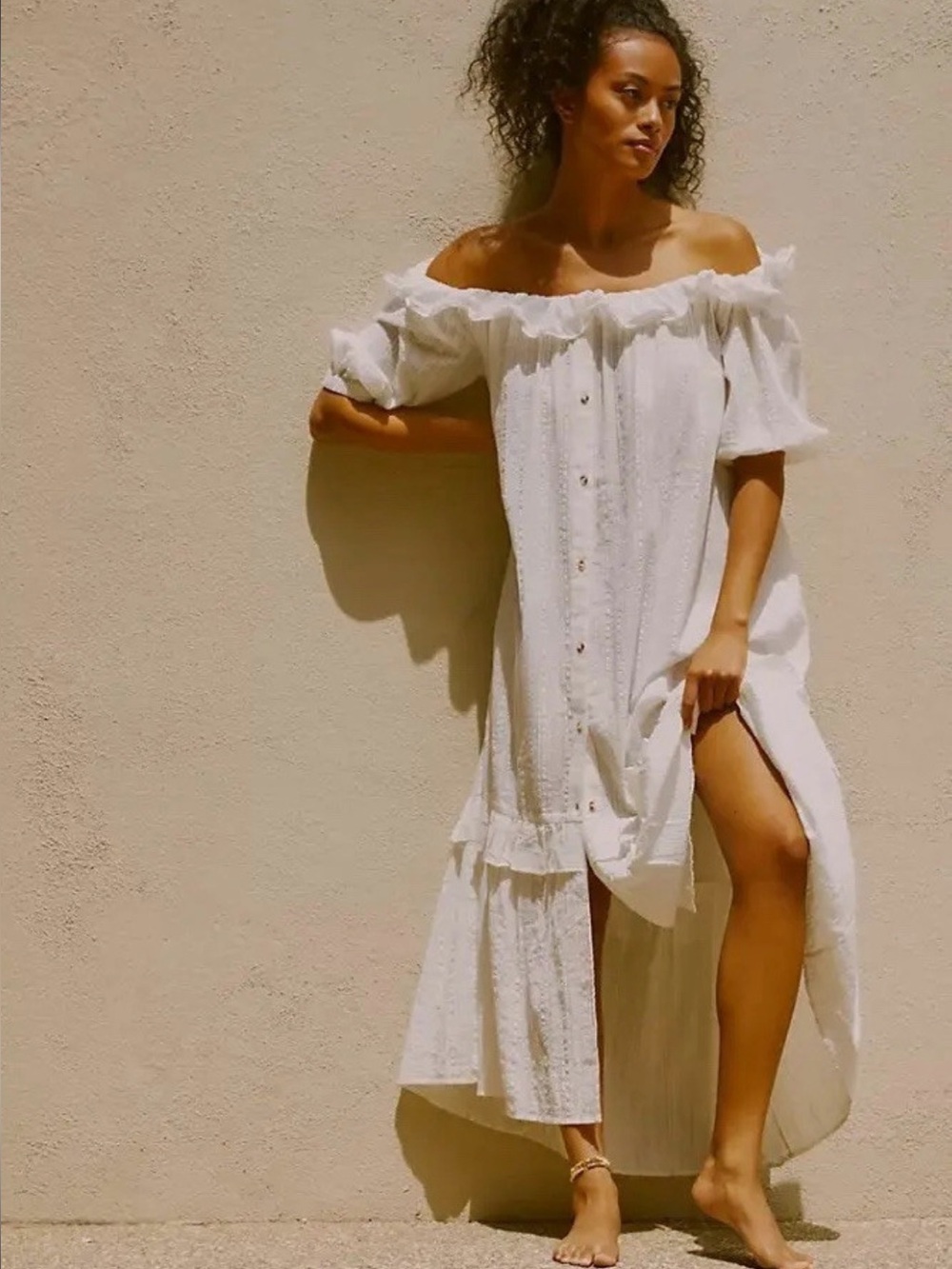 By Anthropologie Off-The-Shoulder Ruffle Flowy Peasant Maxi Dress size Small